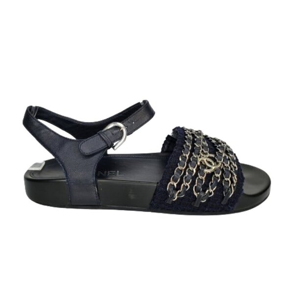 Chanel Interlocking CC Chain Tweed Leather Flat Dad Sandals - Picture 1 of 8